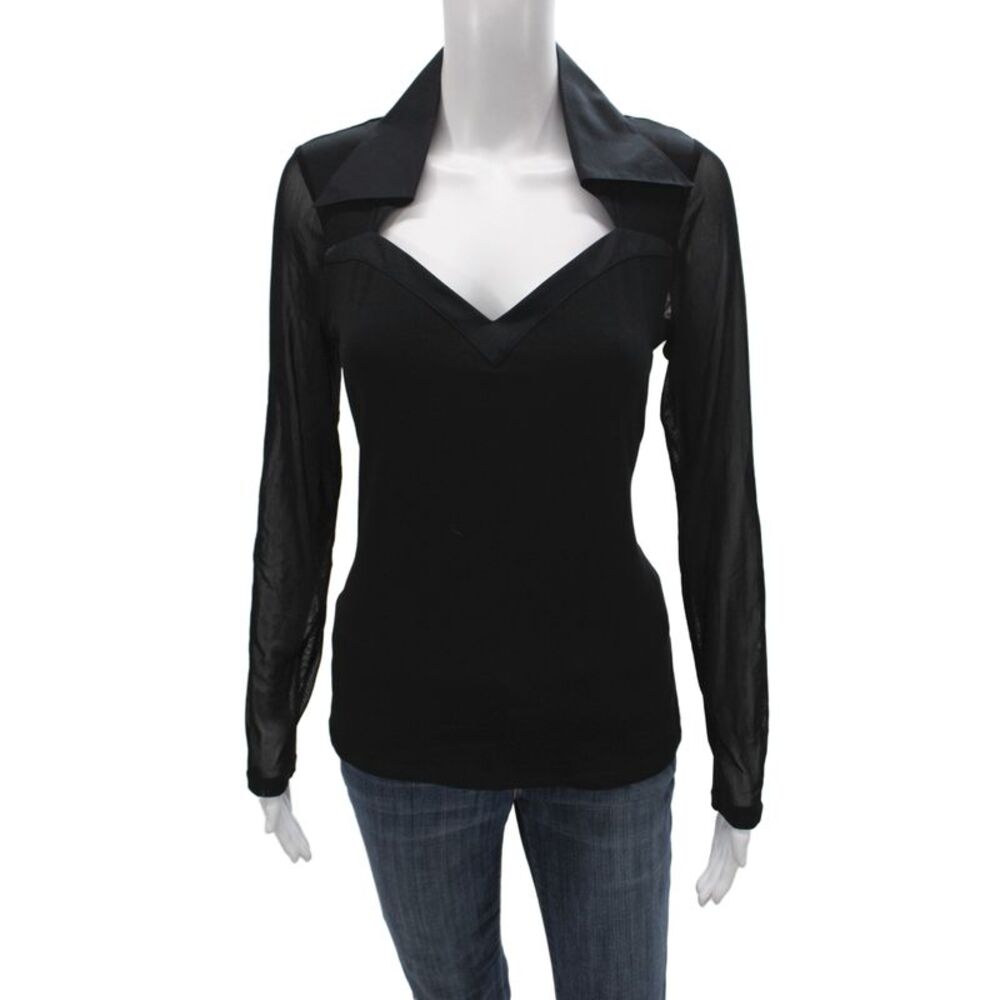 Anne Fontaine Women Black Pima Cotton Collared Long Sleeve Blouse Size 42